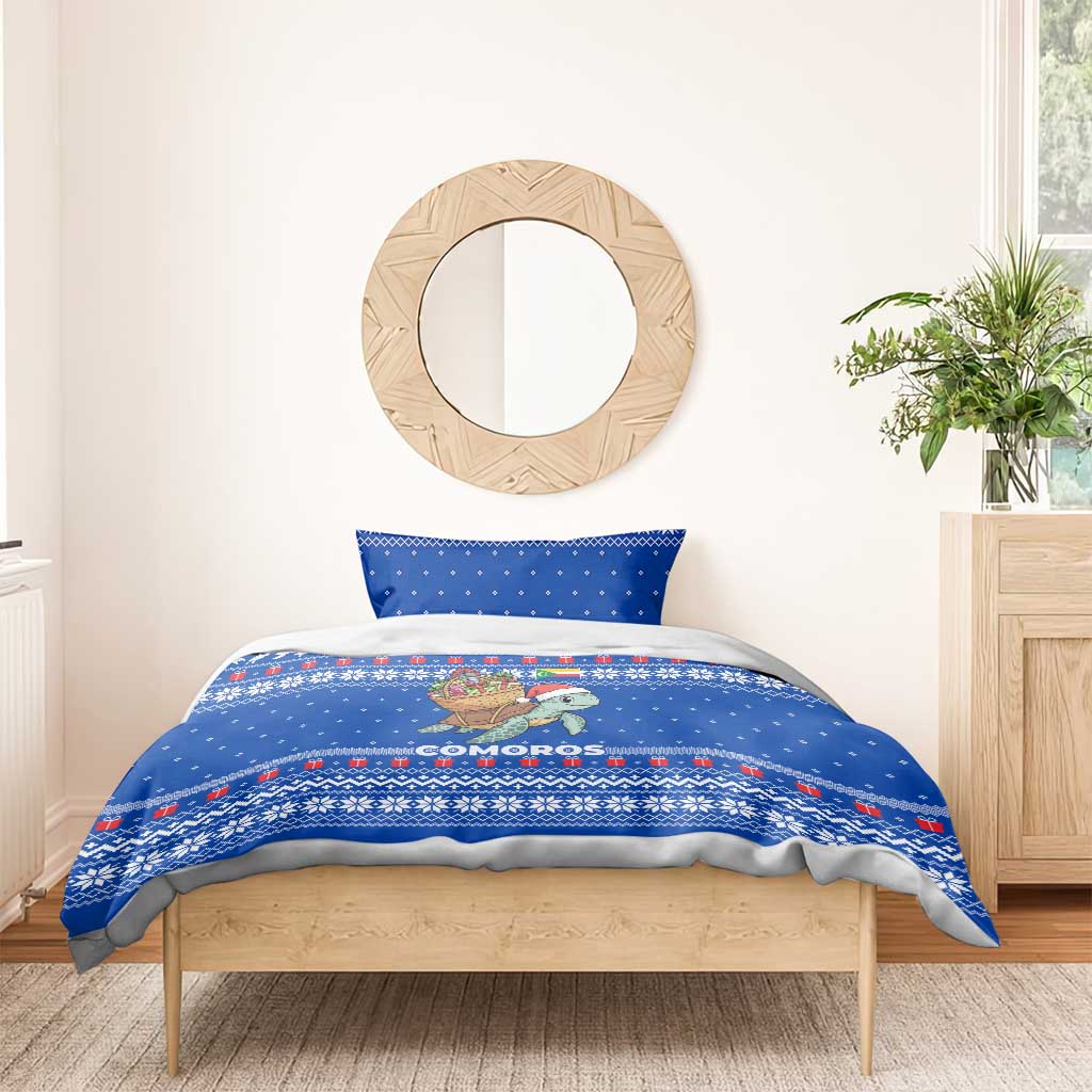 Comoros Christmas Bedding Set with Santa Turtle Gifts Snowflakes and Ocean Blue Holiday Pattern - Wonder Print Shop