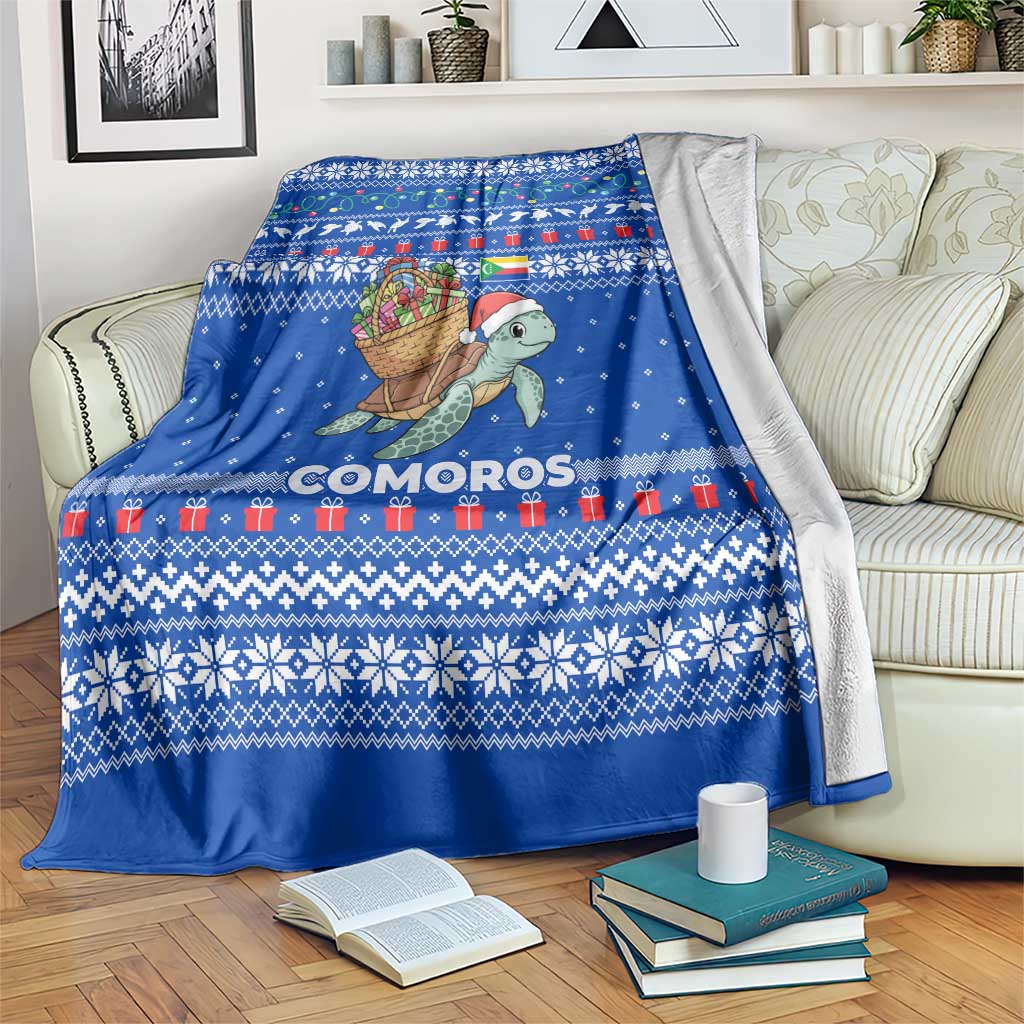 Comoros Christmas Blanket with Santa Turtle Gifts Snowflakes and Ocean Blue Holiday Pattern - Wonder Print Shop