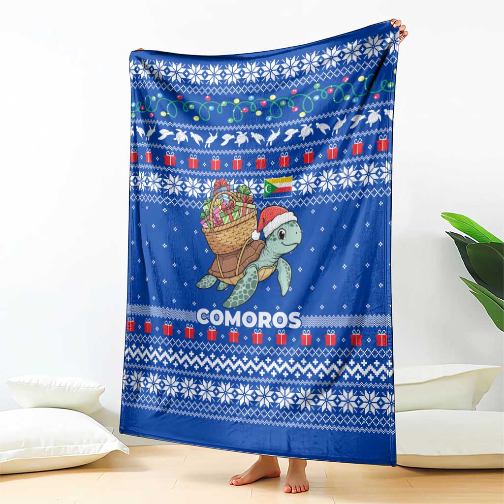 Comoros Christmas Blanket with Santa Turtle Gifts Snowflakes and Ocean Blue Holiday Pattern - Wonder Print Shop