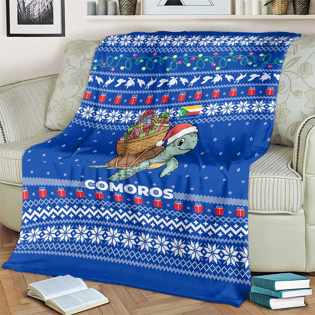 Comoros Christmas Blanket with Santa Turtle Gifts Snowflakes and Ocean Blue Holiday Pattern - Wonder Print Shop