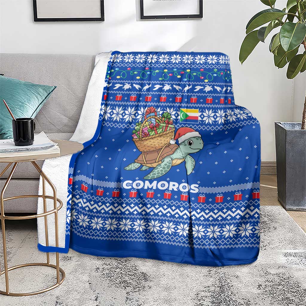 Comoros Christmas Blanket with Santa Turtle Gifts Snowflakes and Ocean Blue Holiday Pattern - Wonder Print Shop