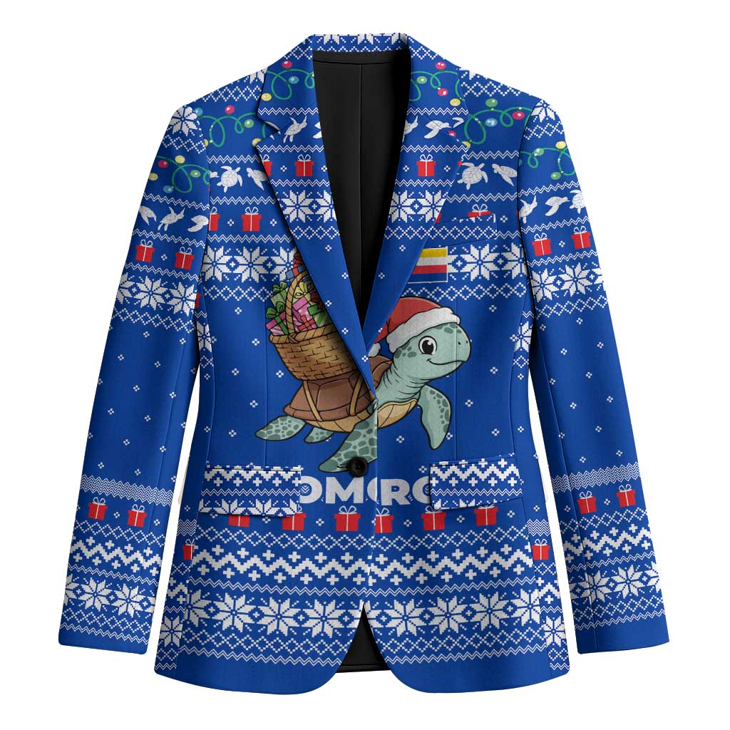 Comoros Christmas Blazer with Santa Turtle Gifts Snowflakes and Ocean Blue Holiday Pattern - Wonder Print Shop