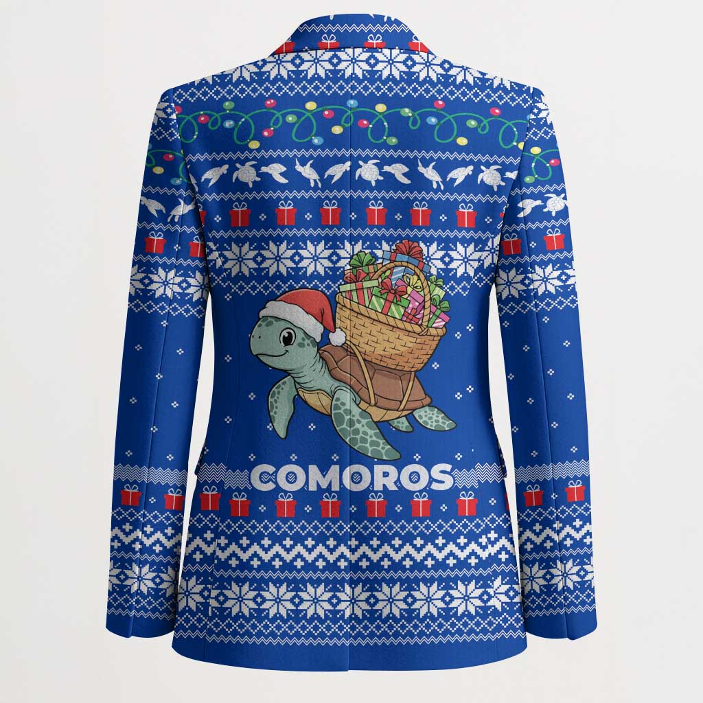 Comoros Christmas Blazer with Santa Turtle Gifts Snowflakes and Ocean Blue Holiday Pattern - Wonder Print Shop