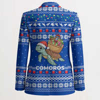 Comoros Christmas Blazer with Santa Turtle Gifts Snowflakes and Ocean Blue Holiday Pattern - Wonder Print Shop