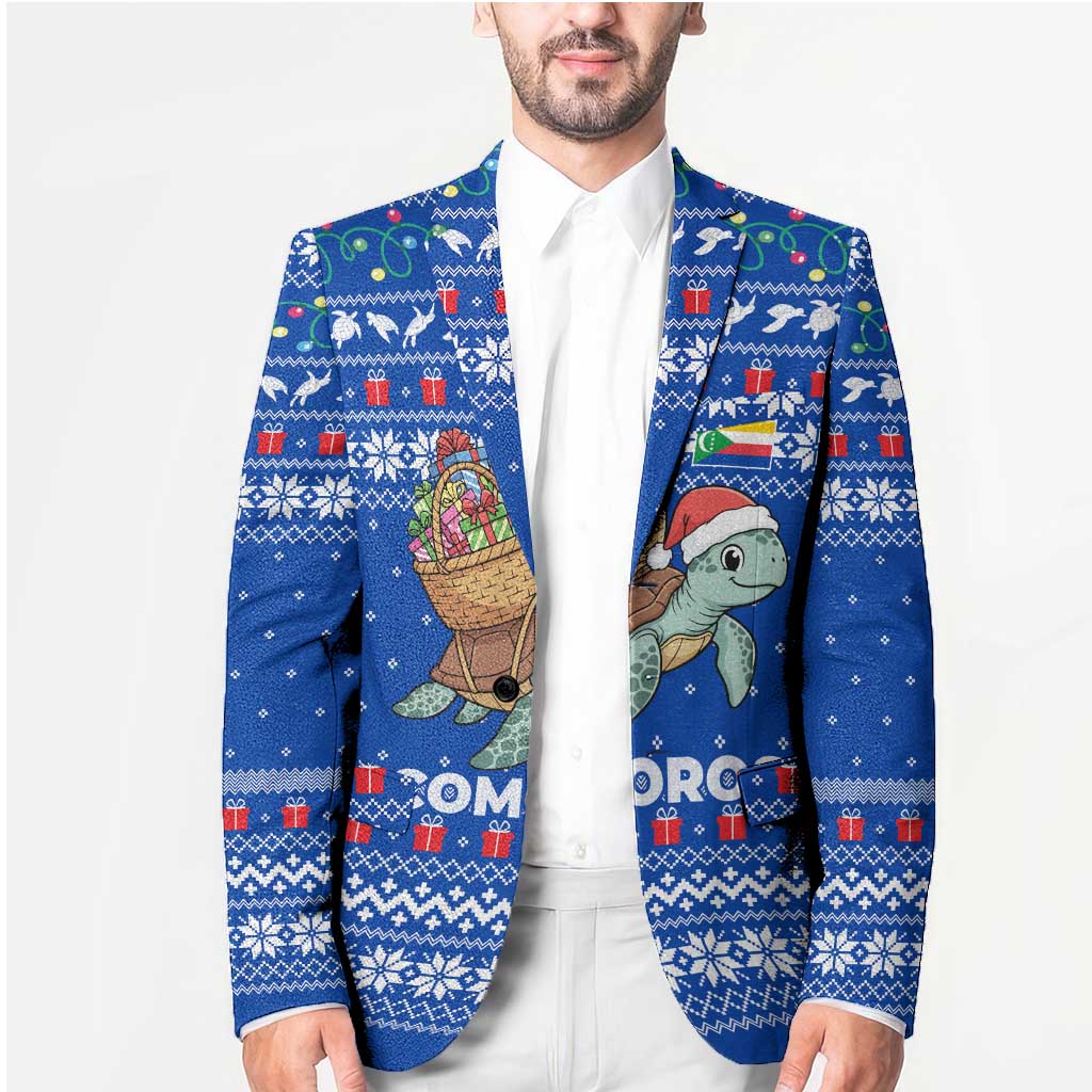 Comoros Christmas Blazer with Santa Turtle Gifts Snowflakes and Ocean Blue Holiday Pattern - Wonder Print Shop