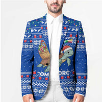 Comoros Christmas Blazer with Santa Turtle Gifts Snowflakes and Ocean Blue Holiday Pattern - Wonder Print Shop