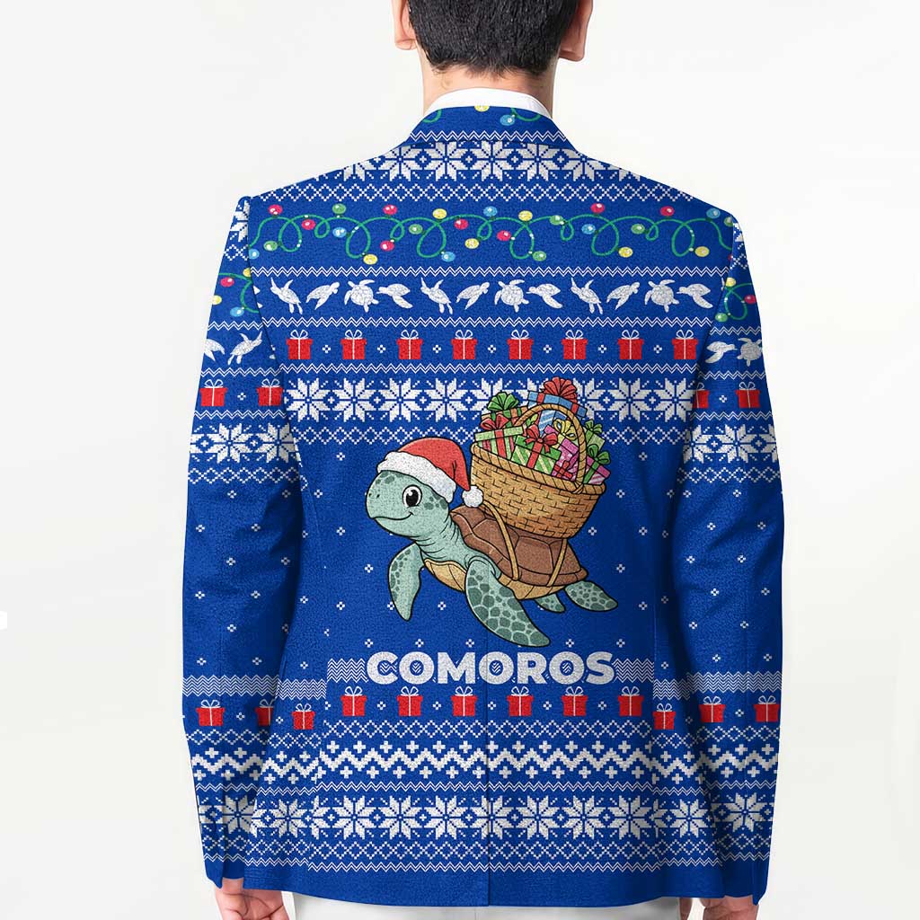 Comoros Christmas Blazer with Santa Turtle Gifts Snowflakes and Ocean Blue Holiday Pattern - Wonder Print Shop
