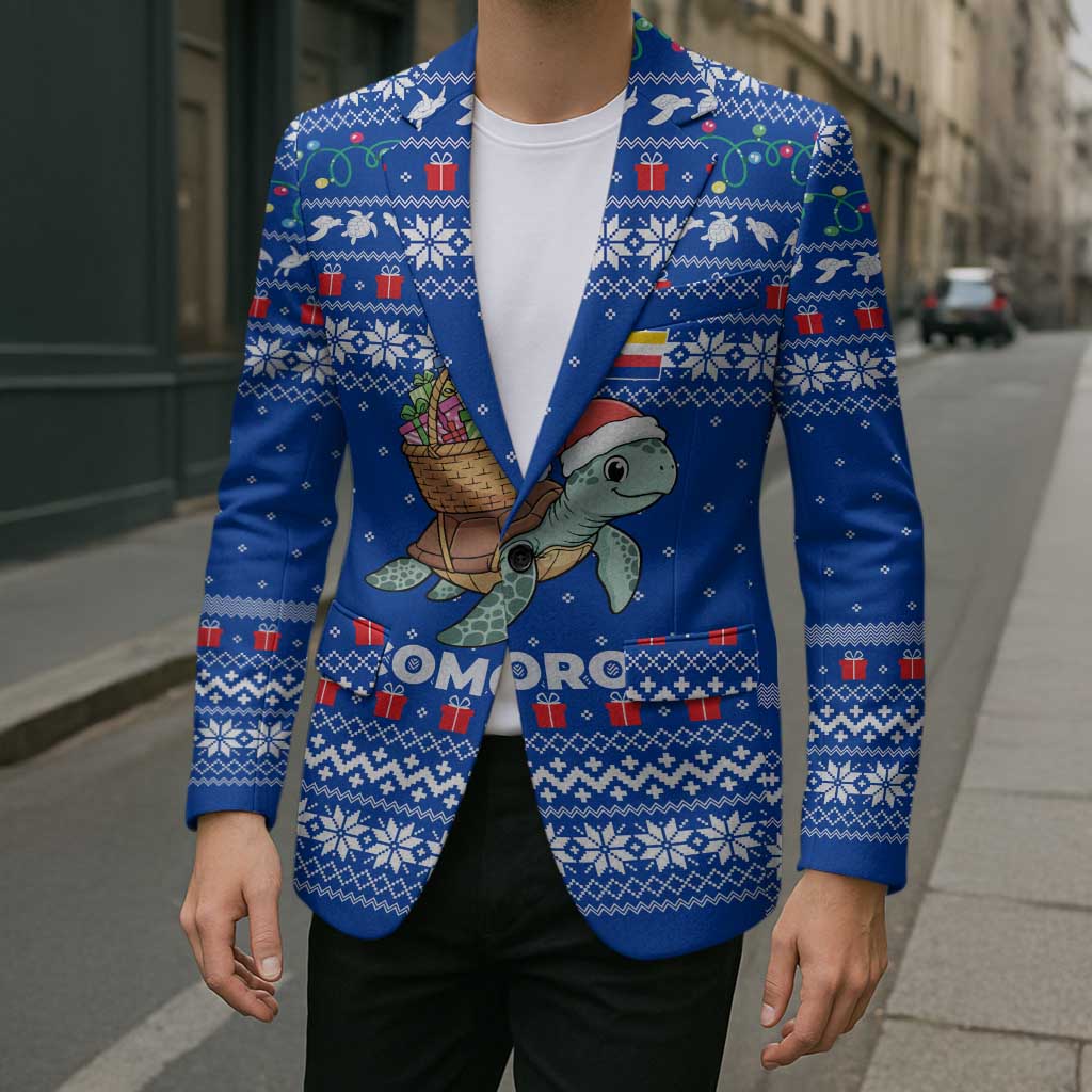 Comoros Christmas Blazer with Santa Turtle Gifts Snowflakes and Ocean Blue Holiday Pattern - Wonder Print Shop