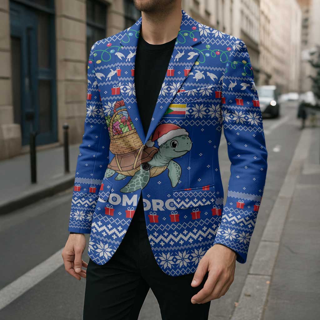 Comoros Christmas Blazer with Santa Turtle Gifts Snowflakes and Ocean Blue Holiday Pattern - Wonder Print Shop