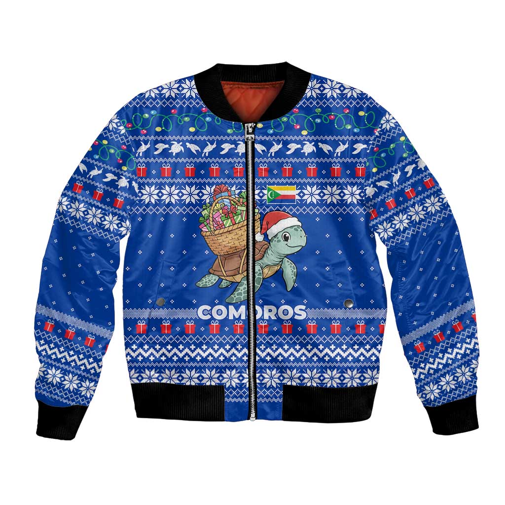 Comoros Christmas Bomber Jacket with Santa Turtle Gifts Snowflakes and Ocean Blue Holiday Pattern - Wonder Print Shop