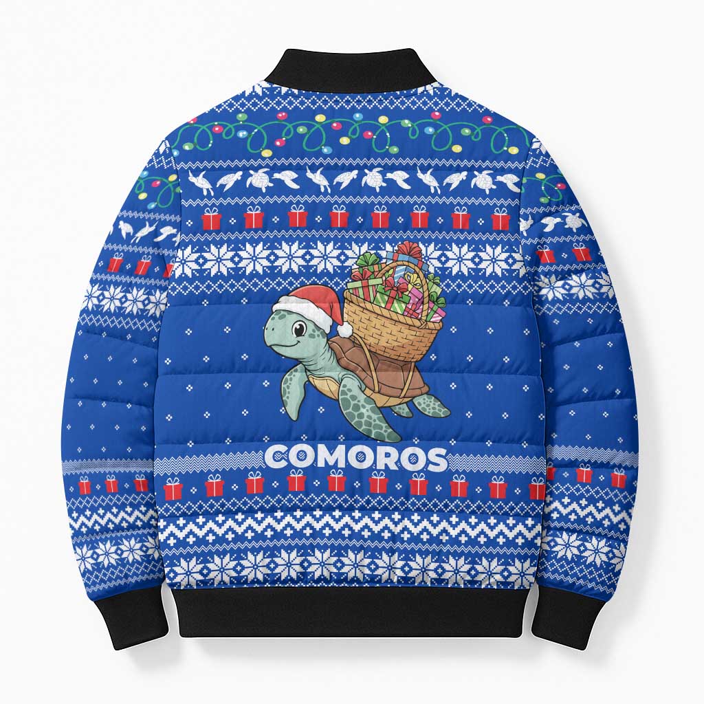 Comoros Christmas Bomber Puffer Jacket with Santa Turtle Gifts Snowflakes and Ocean Blue Holiday Pattern - Wonder Print Shop