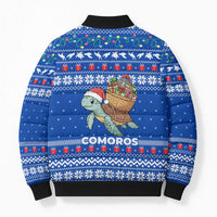 Comoros Christmas Bomber Puffer Jacket with Santa Turtle Gifts Snowflakes and Ocean Blue Holiday Pattern - Wonder Print Shop