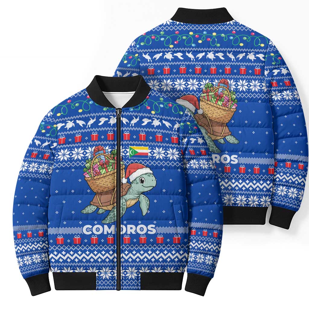 Comoros Christmas Bomber Puffer Jacket with Santa Turtle Gifts Snowflakes and Ocean Blue Holiday Pattern - Wonder Print Shop