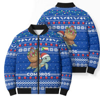 Comoros Christmas Bomber Puffer Jacket with Santa Turtle Gifts Snowflakes and Ocean Blue Holiday Pattern - Wonder Print Shop