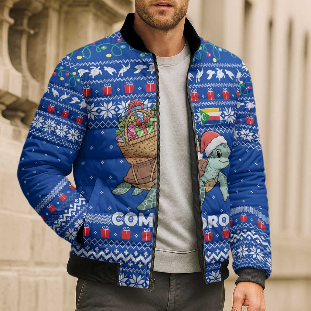 Comoros Christmas Bomber Puffer Jacket with Santa Turtle Gifts Snowflakes and Ocean Blue Holiday Pattern - Wonder Print Shop