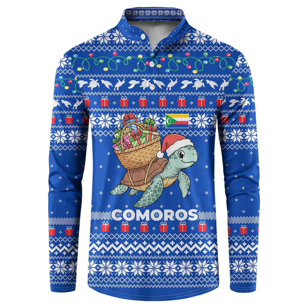 Comoros Christmas Button Sweatshirt with Santa Turtle Gifts Snowflakes and Ocean Blue Holiday Pattern - Wonder Print Shop