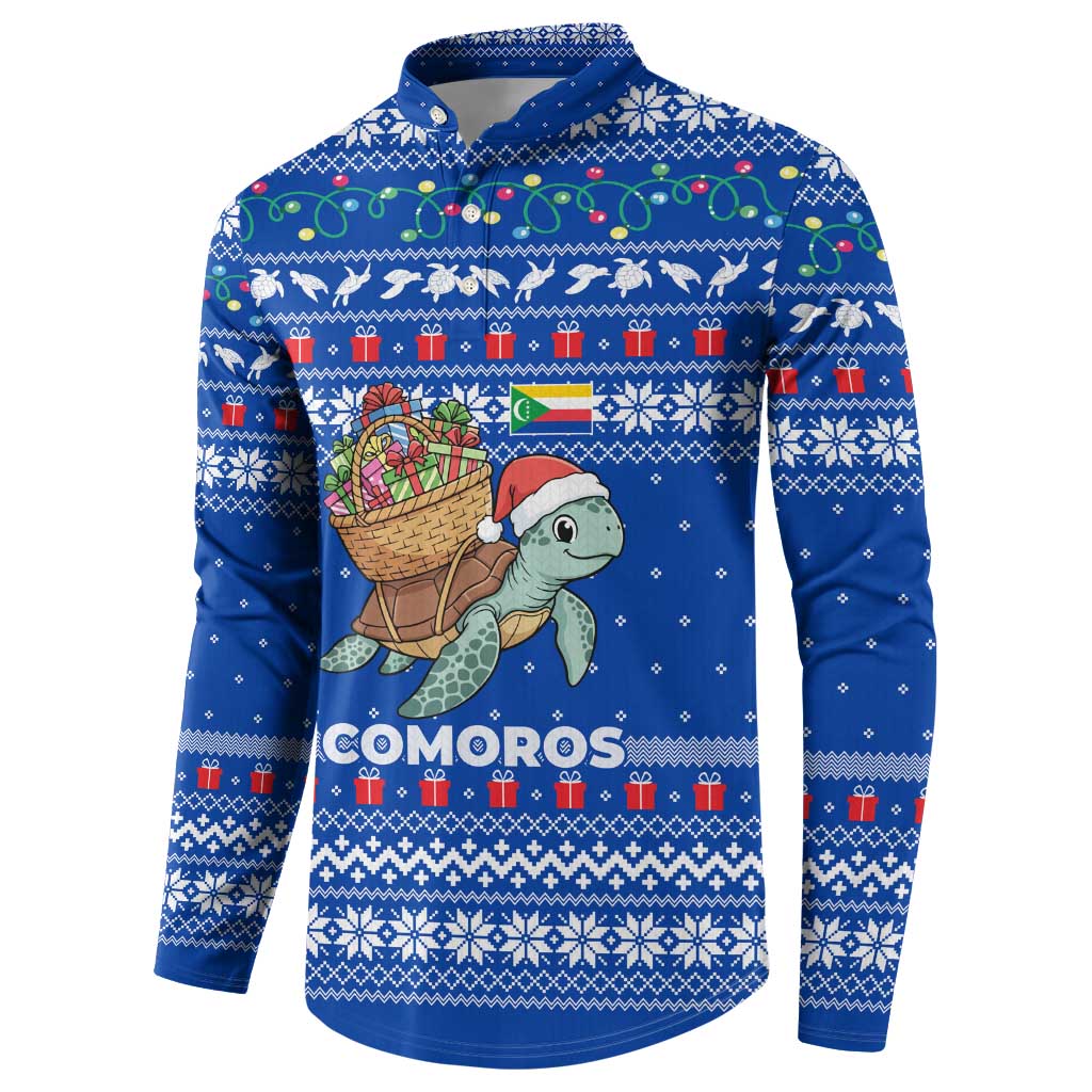 Comoros Christmas Button Sweatshirt with Santa Turtle Gifts Snowflakes and Ocean Blue Holiday Pattern - Wonder Print Shop