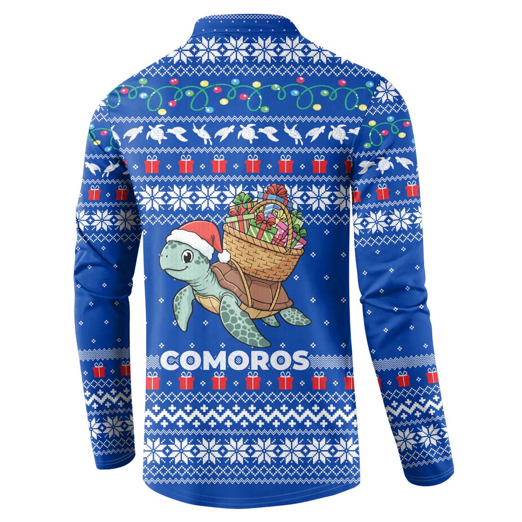 Comoros Christmas Button Sweatshirt with Santa Turtle Gifts Snowflakes and Ocean Blue Holiday Pattern - Wonder Print Shop