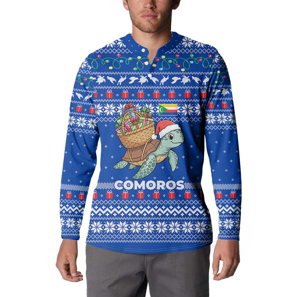 Comoros Christmas Button Sweatshirt with Santa Turtle Gifts Snowflakes and Ocean Blue Holiday Pattern - Wonder Print Shop