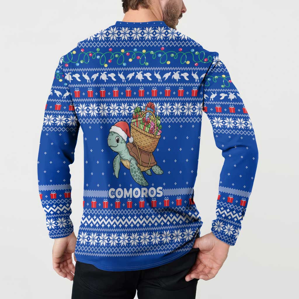 Comoros Christmas Button Sweatshirt with Santa Turtle Gifts Snowflakes and Ocean Blue Holiday Pattern - Wonder Print Shop