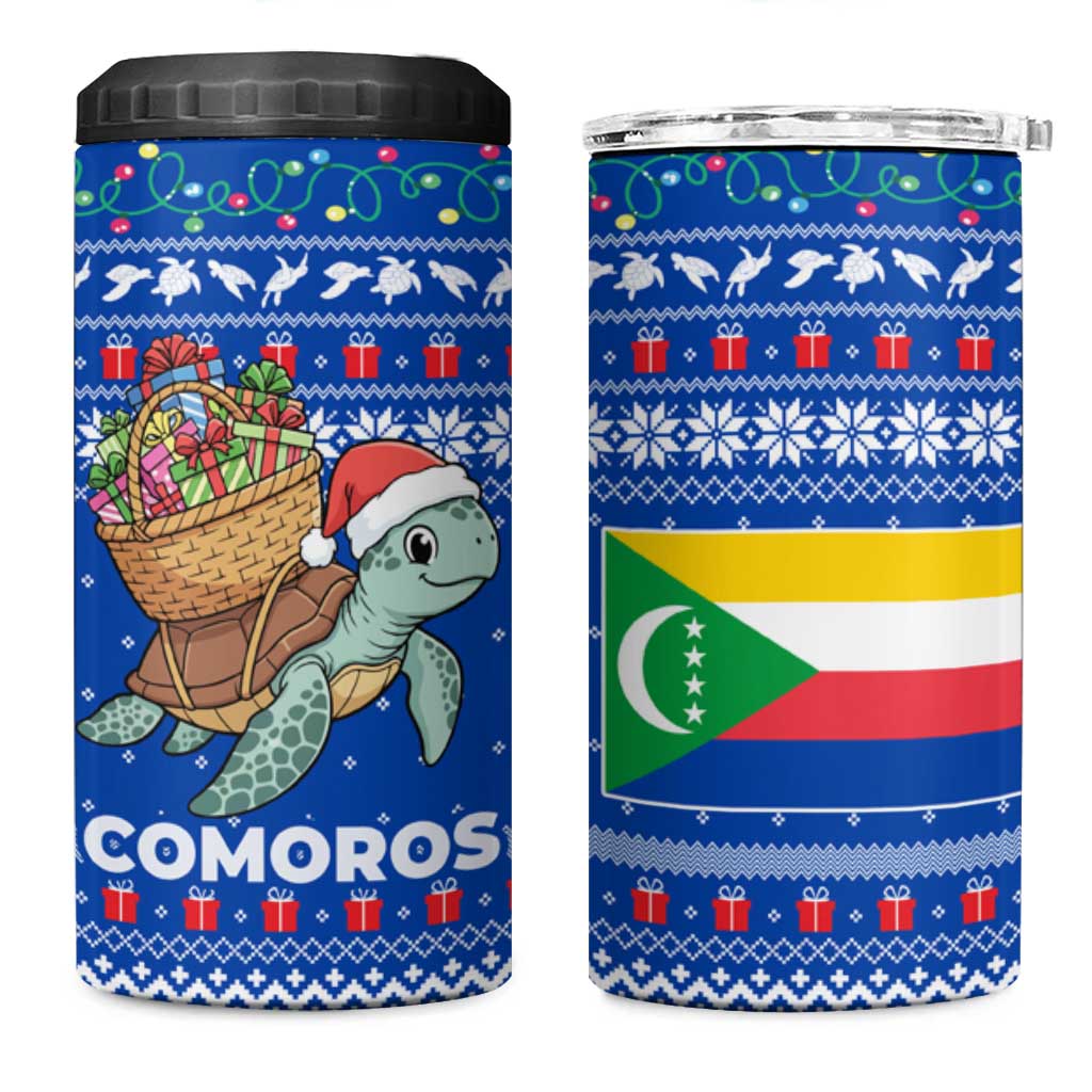 Comoros Christmas 4 in 1 Can Cooler Tumbler with Santa Turtle Gifts Snowflakes and Ocean Blue Holiday Pattern - Wonder Print Shop