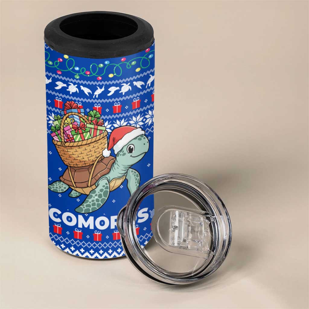 Comoros Christmas 4 in 1 Can Cooler Tumbler with Santa Turtle Gifts Snowflakes and Ocean Blue Holiday Pattern - Wonder Print Shop