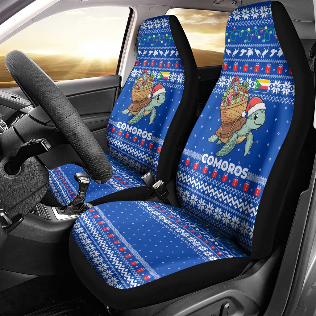 Comoros Christmas Car Seat Cover with Santa Turtle Gifts Snowflakes and Ocean Blue Holiday Pattern - Wonder Print Shop