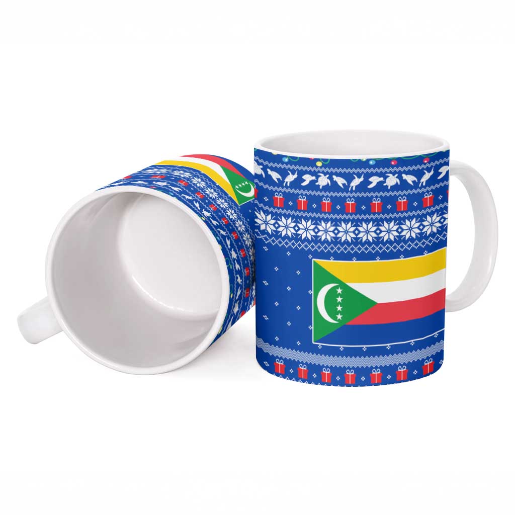 Comoros Christmas Ceramic Mug with Santa Turtle Gifts Snowflakes and Ocean Blue Holiday Pattern - Wonder Print Shop