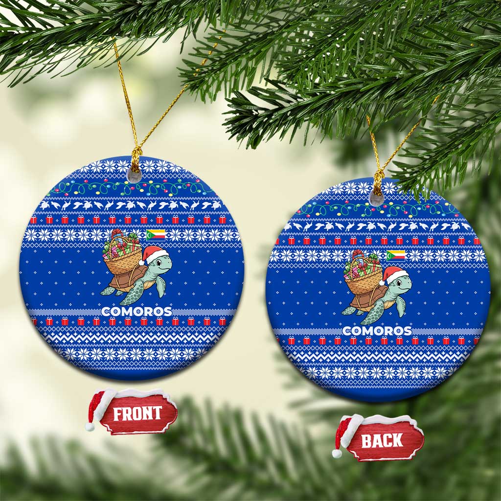 Comoros Christmas Ceramic Ornament with Santa Turtle Gifts Snowflakes and Ocean Blue Holiday Pattern - Wonder Print Shop