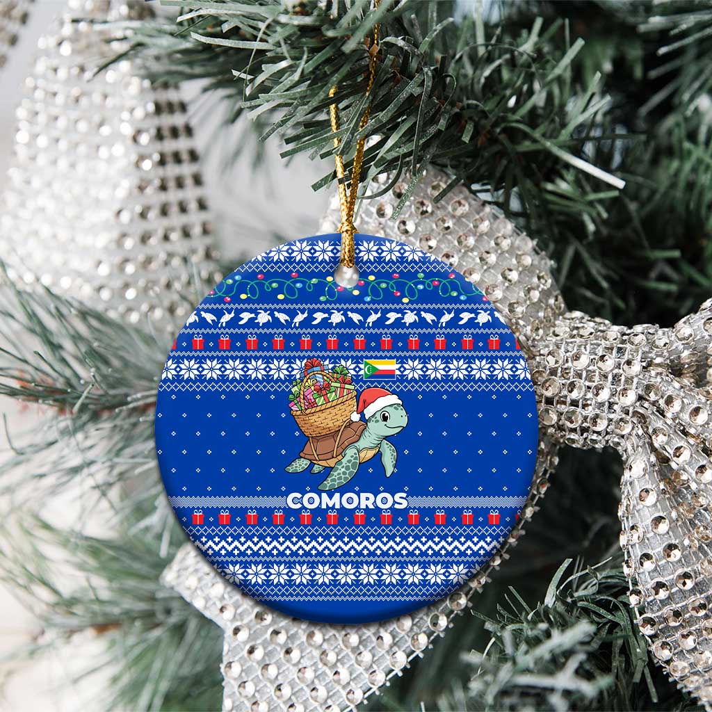 Comoros Christmas Ceramic Ornament with Santa Turtle Gifts Snowflakes and Ocean Blue Holiday Pattern - Wonder Print Shop