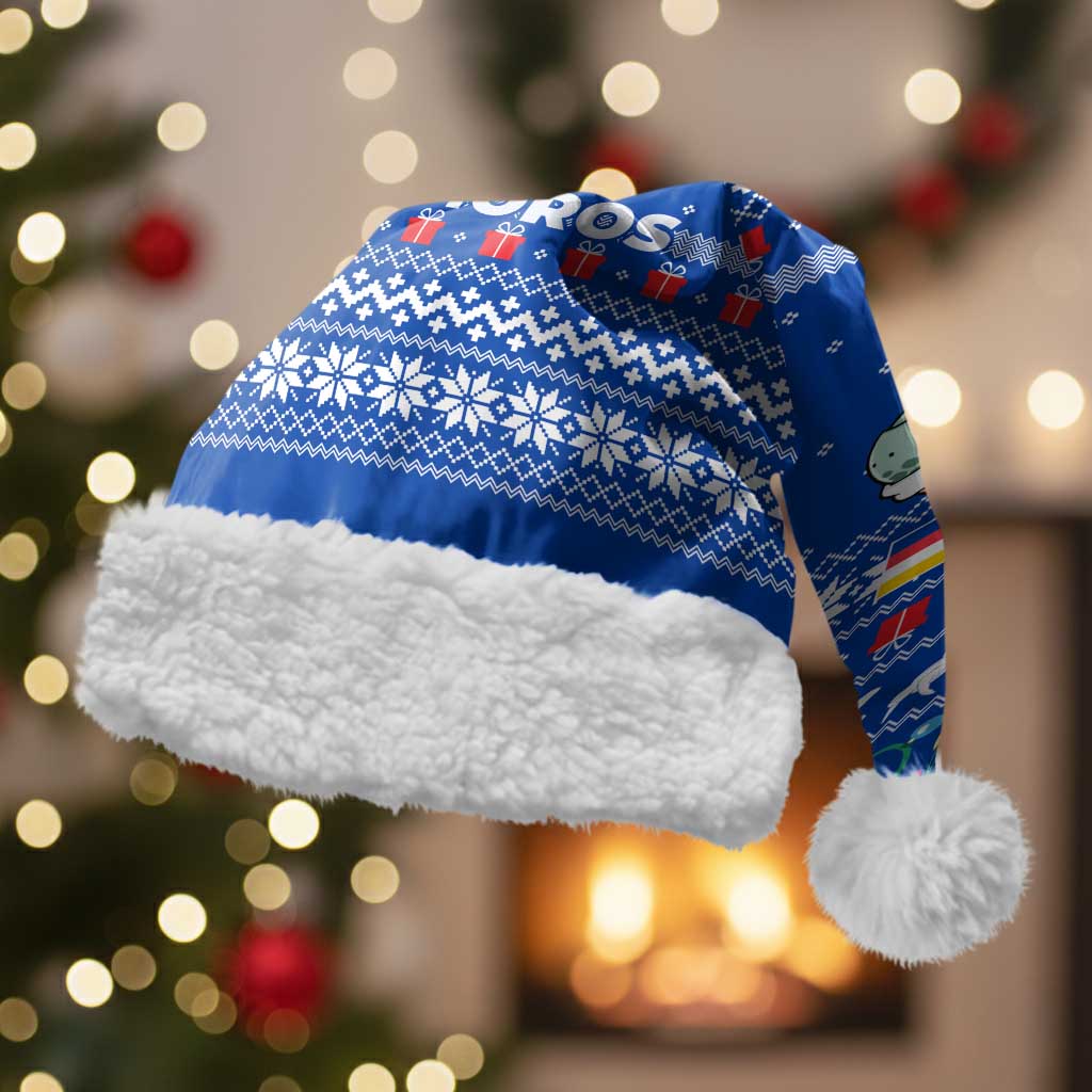 Comoros Christmas Santa Hat with Santa Turtle Gifts Snowflakes and Ocean Blue Holiday Pattern - Wonder Print Shop