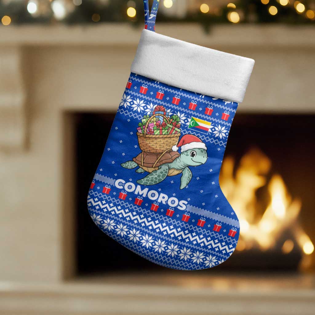 Comoros Christmas Stocking with Santa Turtle Gifts Snowflakes and Ocean Blue Holiday Pattern - Wonder Print Shop
