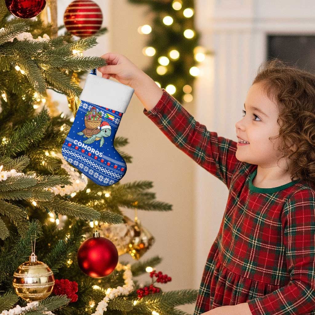 Comoros Christmas Stocking with Santa Turtle Gifts Snowflakes and Ocean Blue Holiday Pattern - Wonder Print Shop