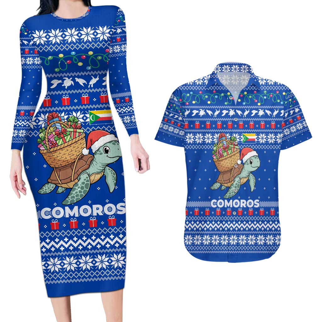 Comoros Christmas Couples Matching Long Sleeve Bodycon Dress and Hawaiian Shirt with Santa Turtle Gifts Snowflakes and Ocean Blue Holiday Pattern - Wonder Print Shop