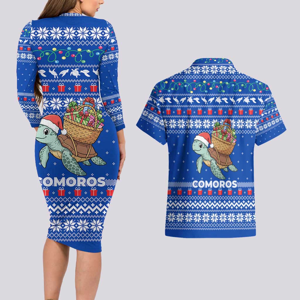 Comoros Christmas Couples Matching Long Sleeve Bodycon Dress and Hawaiian Shirt with Santa Turtle Gifts Snowflakes and Ocean Blue Holiday Pattern - Wonder Print Shop