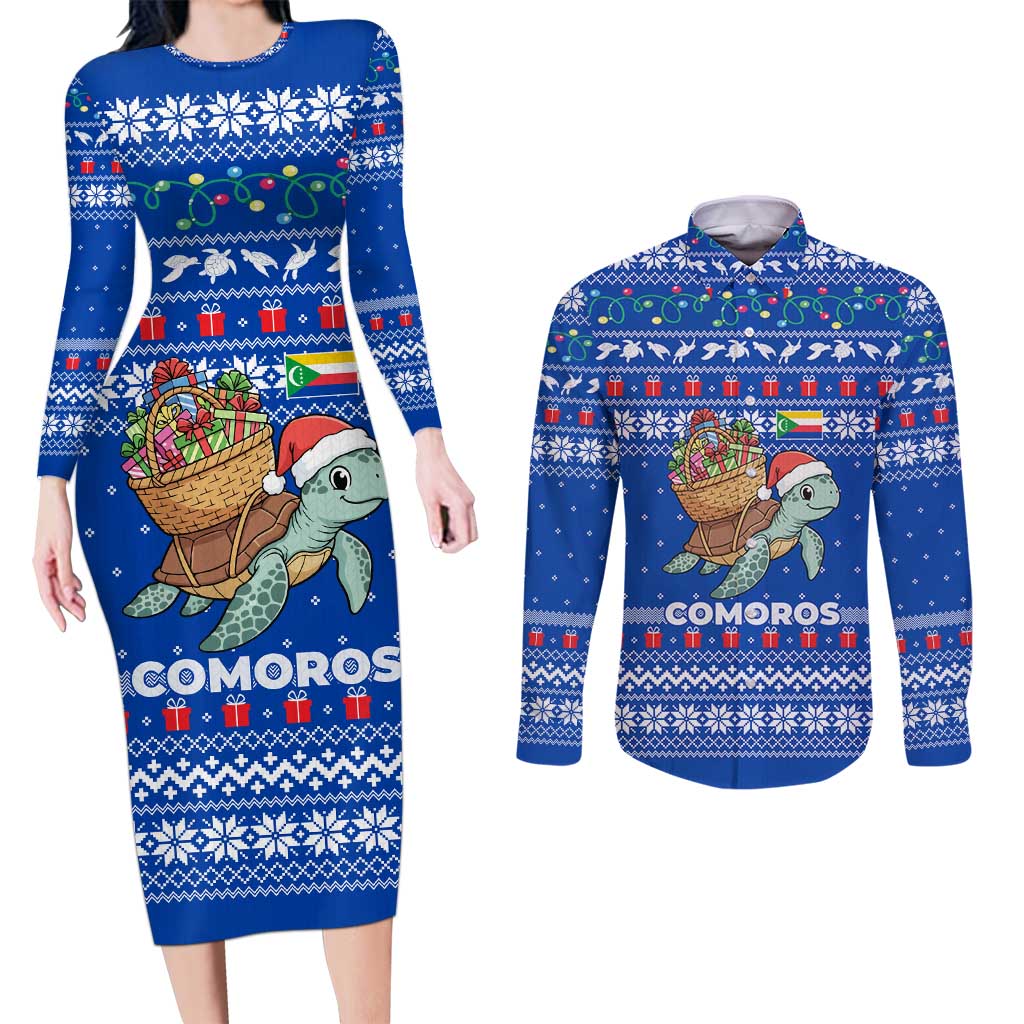 Comoros Christmas Couples Matching Long Sleeve Bodycon Dress and Long Sleeve Button Shirt with Santa Turtle Gifts Snowflakes and Ocean Blue Holiday Pattern - Wonder Print Shop