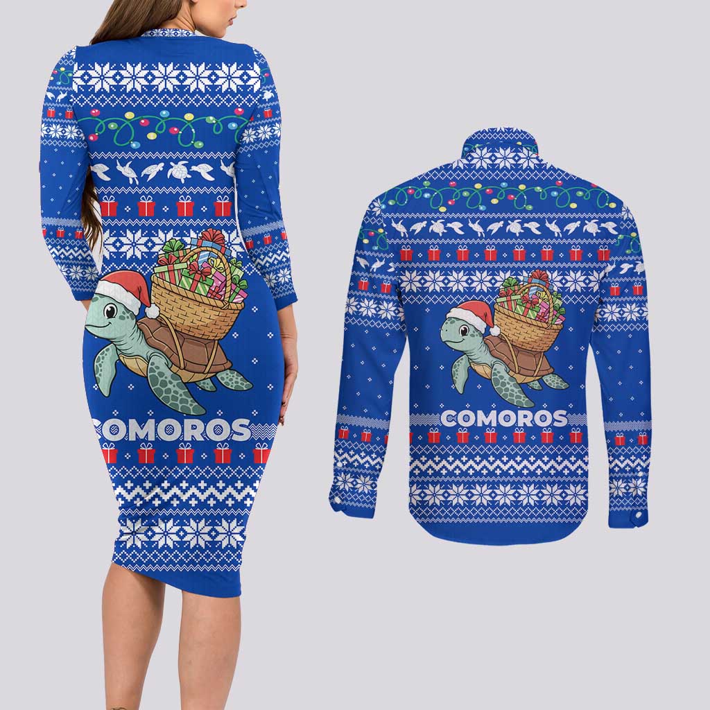 Comoros Christmas Couples Matching Long Sleeve Bodycon Dress and Long Sleeve Button Shirt with Santa Turtle Gifts Snowflakes and Ocean Blue Holiday Pattern - Wonder Print Shop