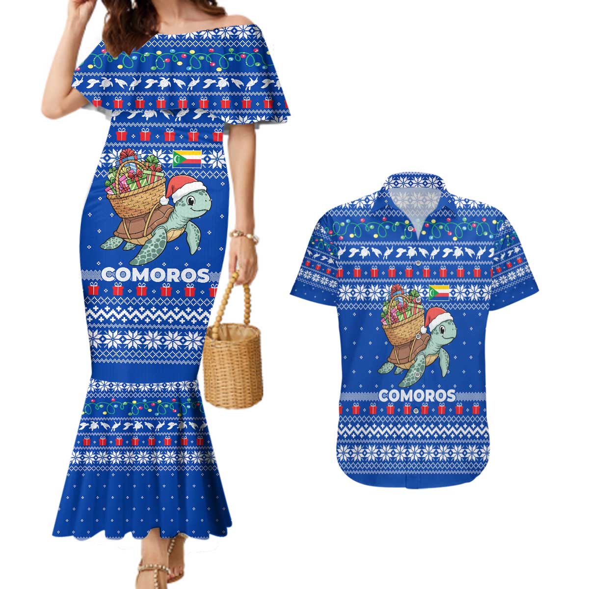 Comoros Christmas Couples Matching Mermaid Dress and Hawaiian Shirt with Santa Turtle Gifts Snowflakes and Ocean Blue Holiday Pattern - Wonder Print Shop
