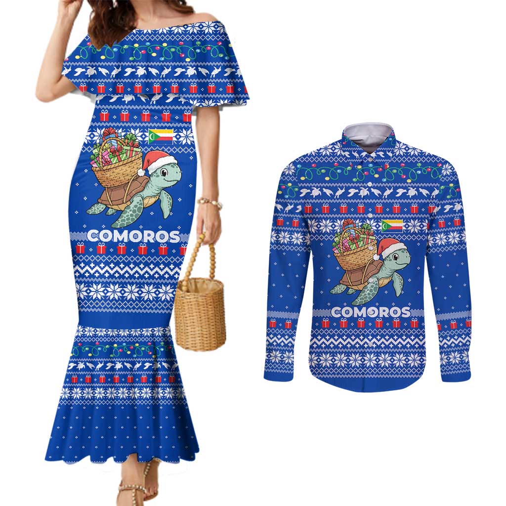 Comoros Christmas Couples Matching Mermaid Dress and Long Sleeve Button Shirt with Santa Turtle Gifts Snowflakes and Ocean Blue Holiday Pattern - Wonder Print Shop