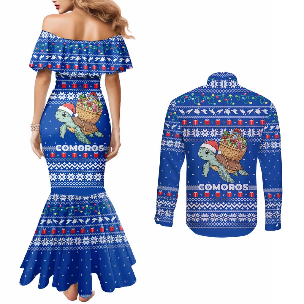 Comoros Christmas Couples Matching Mermaid Dress and Long Sleeve Button Shirt with Santa Turtle Gifts Snowflakes and Ocean Blue Holiday Pattern - Wonder Print Shop