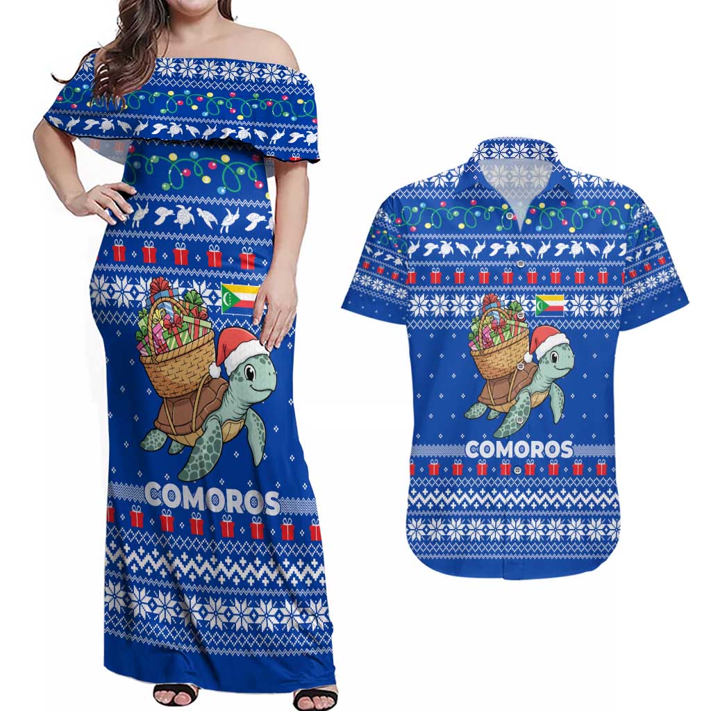 Comoros Christmas Couples Matching Off Shoulder Maxi Dress and Hawaiian Shirt with Santa Turtle Gifts Snowflakes and Ocean Blue Holiday Pattern - Wonder Print Shop