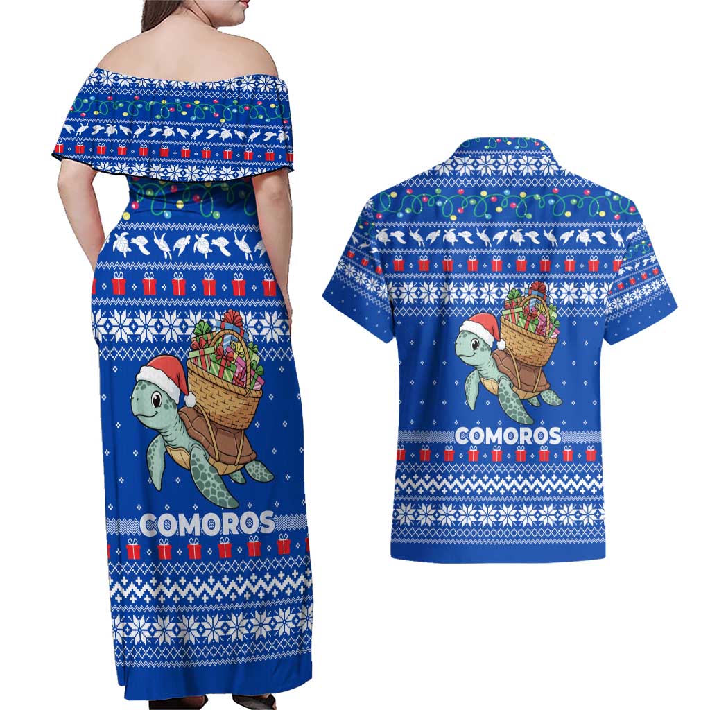 Comoros Christmas Couples Matching Off Shoulder Maxi Dress and Hawaiian Shirt with Santa Turtle Gifts Snowflakes and Ocean Blue Holiday Pattern - Wonder Print Shop