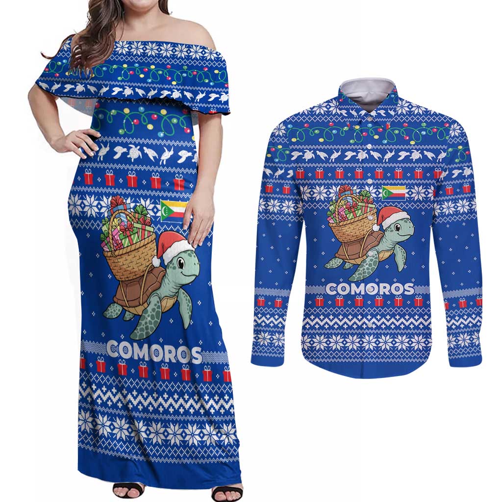 Comoros Christmas Couples Matching Off Shoulder Maxi Dress and Long Sleeve Button Shirt with Santa Turtle Gifts Snowflakes and Ocean Blue Holiday Pattern - Wonder Print Shop