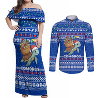 Comoros Christmas Couples Matching Off Shoulder Maxi Dress and Long Sleeve Button Shirt with Santa Turtle Gifts Snowflakes and Ocean Blue Holiday Pattern - Wonder Print Shop