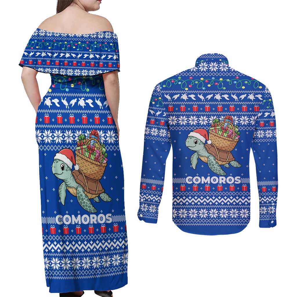 Comoros Christmas Couples Matching Off Shoulder Maxi Dress and Long Sleeve Button Shirt with Santa Turtle Gifts Snowflakes and Ocean Blue Holiday Pattern - Wonder Print Shop