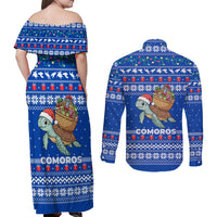 Comoros Christmas Couples Matching Off Shoulder Maxi Dress and Long Sleeve Button Shirt with Santa Turtle Gifts Snowflakes and Ocean Blue Holiday Pattern - Wonder Print Shop