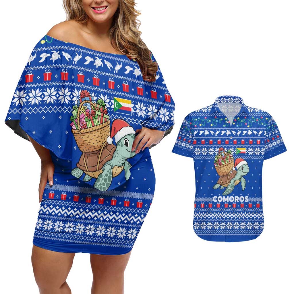 Comoros Christmas Couples Matching Off Shoulder Short Dress and Hawaiian Shirt with Santa Turtle Gifts Snowflakes and Ocean Blue Holiday Pattern - Wonder Print Shop