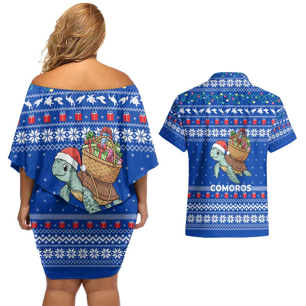 Comoros Christmas Couples Matching Off Shoulder Short Dress and Hawaiian Shirt with Santa Turtle Gifts Snowflakes and Ocean Blue Holiday Pattern - Wonder Print Shop
