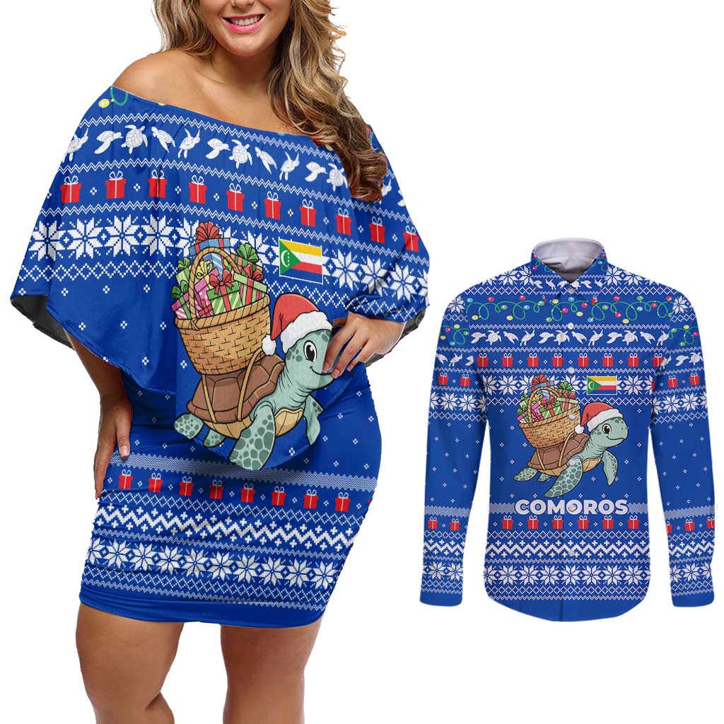 Comoros Christmas Couples Matching Off Shoulder Short Dress and Long Sleeve Button Shirt with Santa Turtle Gifts Snowflakes and Ocean Blue Holiday Pattern - Wonder Print Shop