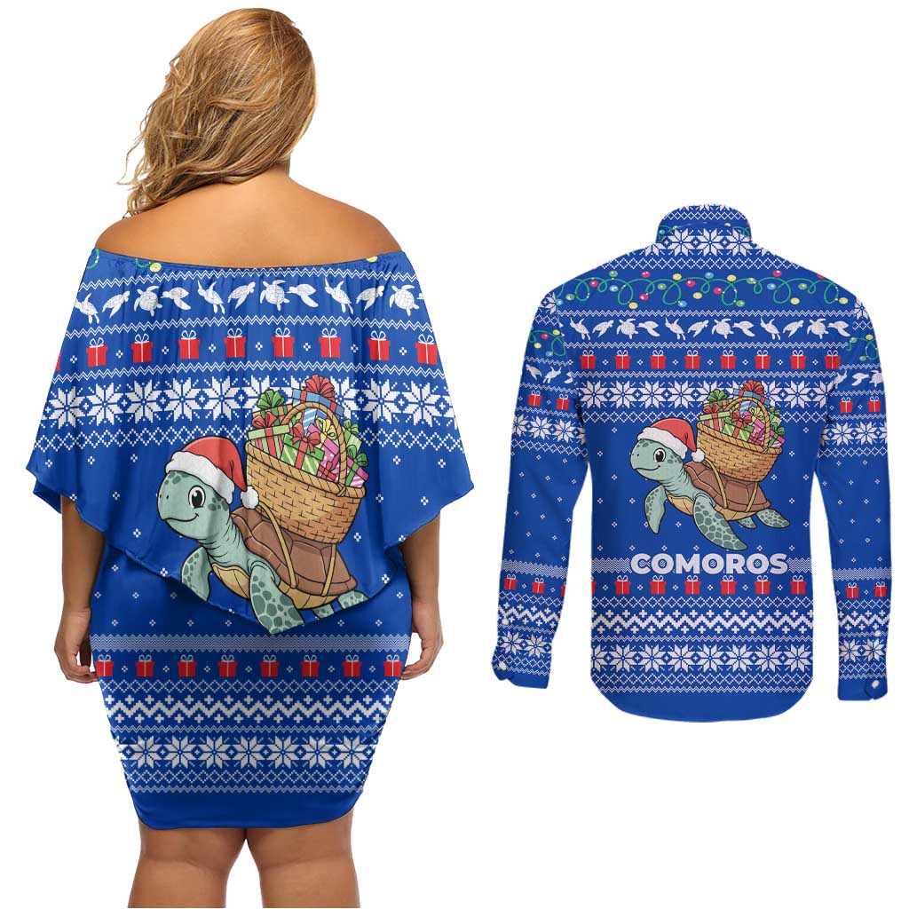 Comoros Christmas Couples Matching Off Shoulder Short Dress and Long Sleeve Button Shirt with Santa Turtle Gifts Snowflakes and Ocean Blue Holiday Pattern - Wonder Print Shop